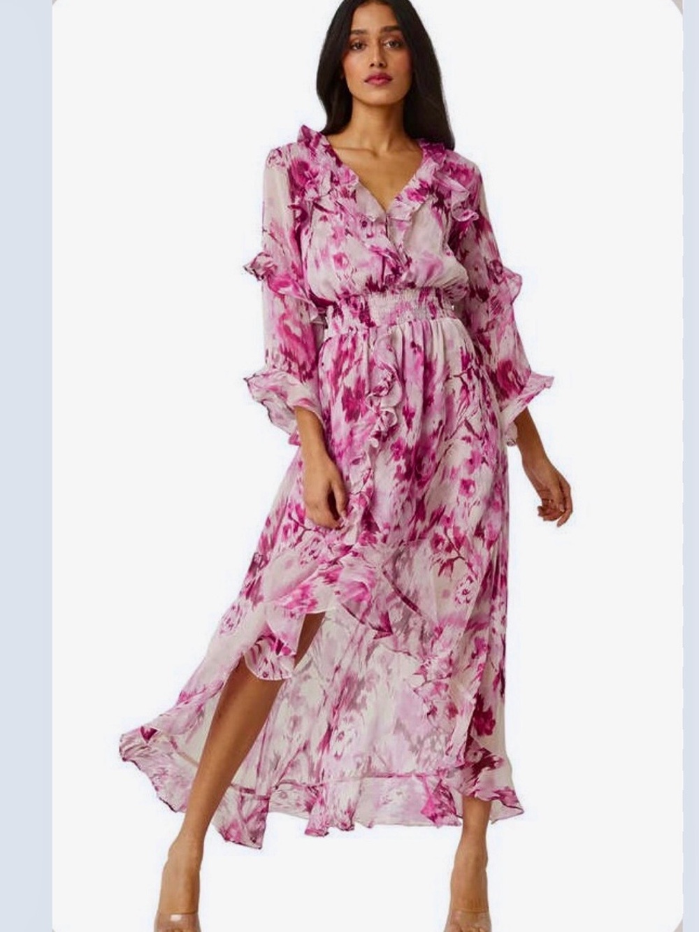 Misa Los Angeles imaan dress rose print floral sheer ruffle